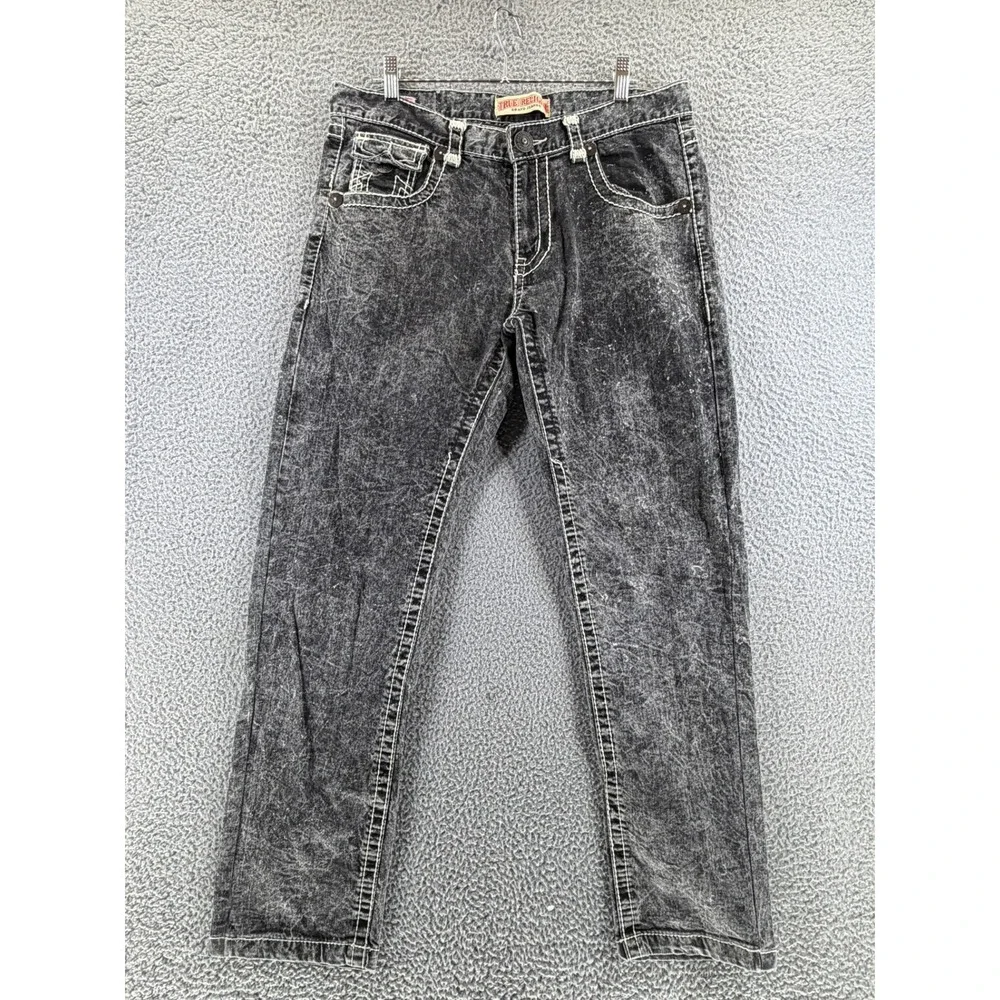 True Religion Men Acid Wash Black Jeans Thick White Stitching Straight Leg 34x30